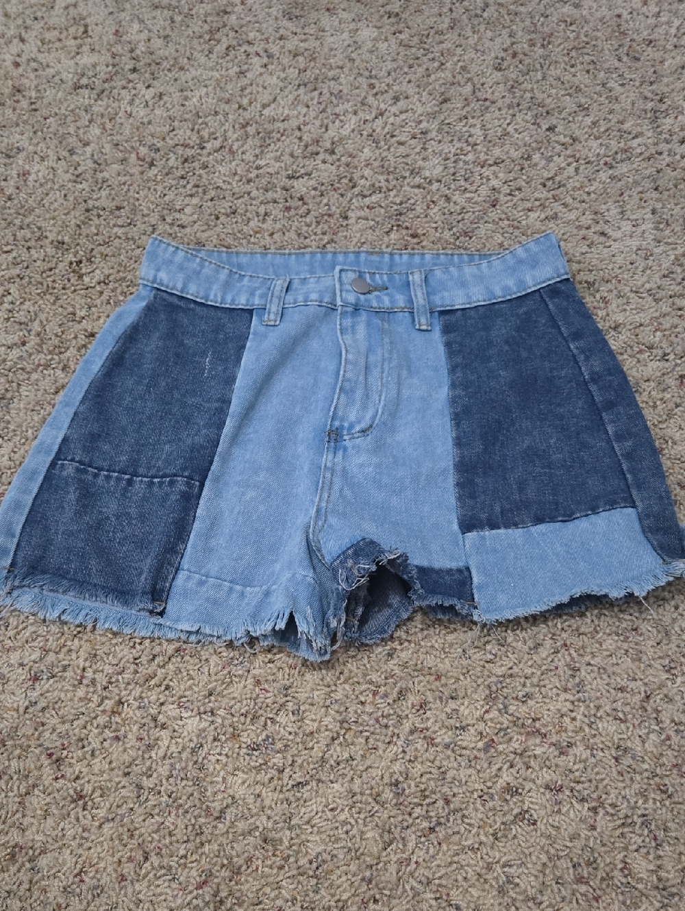 Patchwork Two-Tone Denim Shorts - Light & Dark Blue